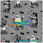 PRE-ORDER. Retro spooky characters grey fabric. By METER
