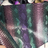 25-34x108cm BOLT END. Violet green plum. Multicoloured Snake Effect Faux leather / vinyl fabric. - BlueMothFabrics