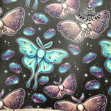 Lunar Moth and Runes Faux leather / vinyl fabric. 39x66cm roll