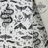 Serpent and Moths White Faux leather vinyl fabric. 39x66cm roll