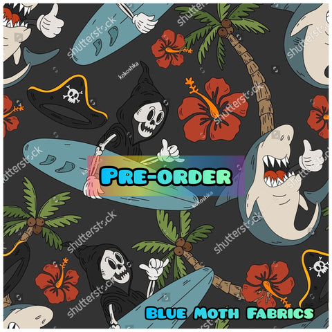 PRE-ORDER. Surfing Skeleton fabric. By METER