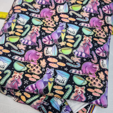 1m BOLT END. Christmas Raccoon French Terry fabric