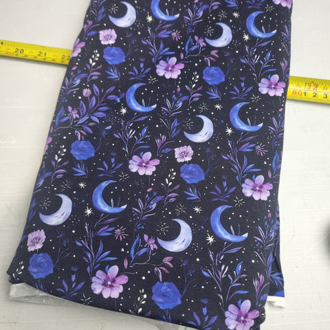80cm BOLT END. Purple Floral Moons 220gsm jersey fabrics