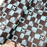 Grunge grey teal checkerboard Faux leather vinyl fabric. 39x66cm roll