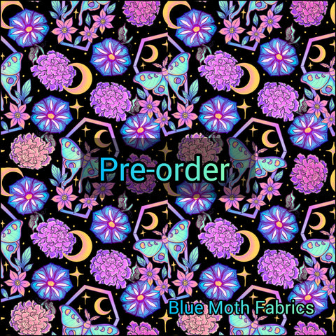 PRE-ORDER. Floral Moth Coffin faux leather / vinyl fabric. 39x130cm