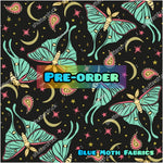 PRE-ORDER. Retro Lunar Moth faux leather / vinyl fabric. 39x130cm