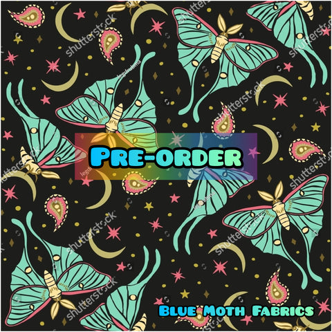 PRE-ORDER. Retro Lunar Moth faux leather / vinyl fabric. 39x130cm