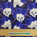 Skulls and blue roses 100% cotton poplin fabric - BlueMothFabrics