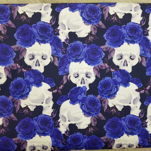 Skulls and blue roses 100% cotton poplin fabric - BlueMothFabrics