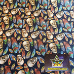 Skulls and feathers print 100% woven cotton fabric - BlueMothFabrics