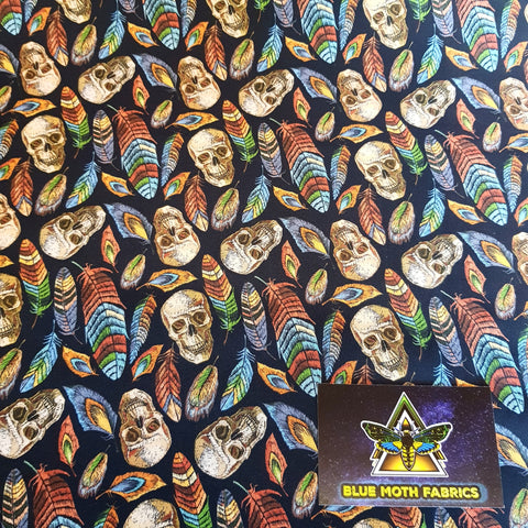 Skulls and feathers print 100% woven cotton fabric - BlueMothFabrics