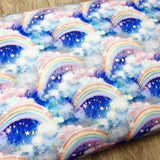 Rainbow clouds blue heavyweight jersey fabric