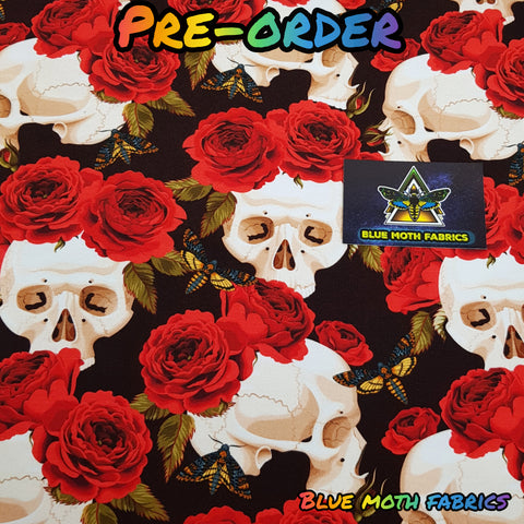 PRE-ORDER. Skulls and red roses fabric. By METER