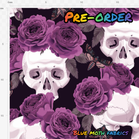 PRE-ORDER. Skulls and purple roses fabric. By METER