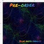 PRE-ORDER. Rainbow cobwebs navy fabric. By METER