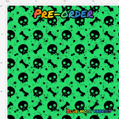 PRE-ORDER. Skulls and bones green fabric. By METER