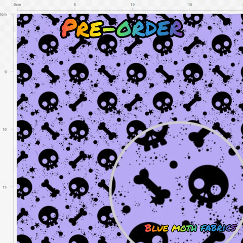 PRE-ORDER. Skulls and bones purple fabric. By METER