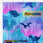 PRE-ORDER. Dinosaur forest pink/ blue fabric. By METER - BlueMothFabrics