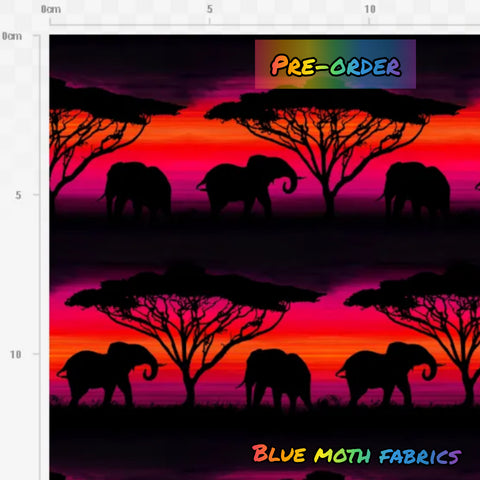 PRE-ORDER. Elephants sunset fabric. By METER - BlueMothFabrics