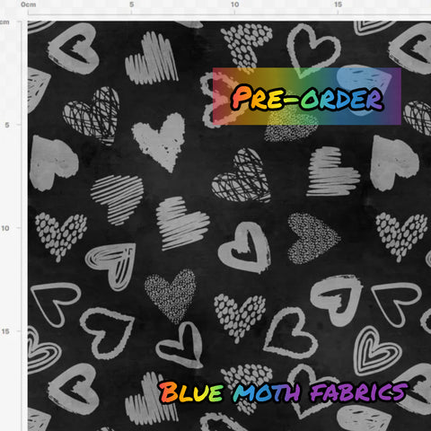 PRE-ORDER. Grunge hearts grey fabric. By METER - BlueMothFabrics