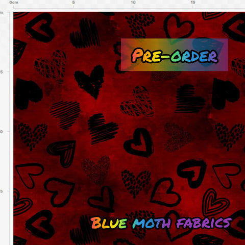 PRE-ORDER. Grunge hearts black fabric. By METER - BlueMothFabrics