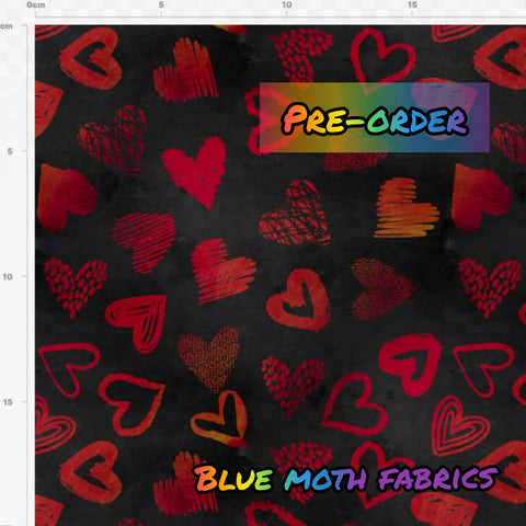 PRE-ORDER. Grunge hearts red fabric. By METER - BlueMothFabrics