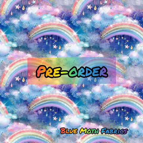 PRE-ORDER. Blue cloud rainbows fabric. By METER - BlueMothFabrics