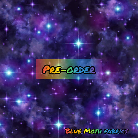 PRE-ORDER. Purple sparkle galaxy fabric. By METER - BlueMothFabrics