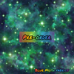 PRE-ORDER. Green sparkle galaxy fabric. By METER - BlueMothFabrics