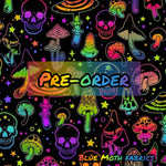 PRE-ORDER. Neon mushroom skulls fabric. By METER - BlueMothFabrics