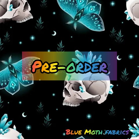 PRE-ORDER. Crystal skulls moth fabric. By METER - BlueMothFabrics