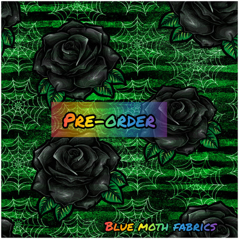 PRE-ORDER. Spider Web Roses Green fabric. By METER - BlueMothFabrics