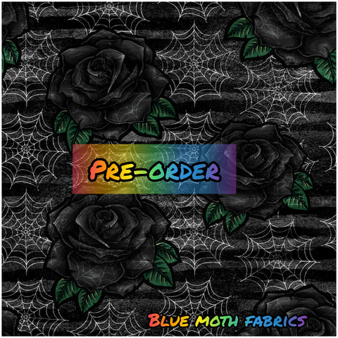 PRE-ORDER. Spider Web Roses Black fabric. By METER - BlueMothFabrics