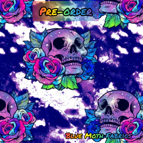 Paint Skulls and Roses purple fabric. By METER - BlueMothFabrics