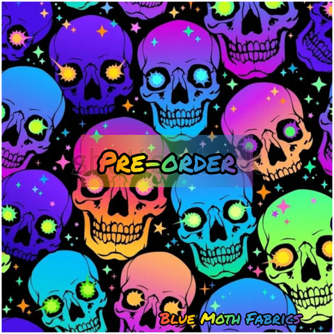 PRE-ORDER. Neon rainbow skulls fabric. By METER - BlueMothFabrics