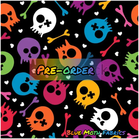 PRE-ORDER. Funky Skulls Rainbow fabric. By METER - BlueMothFabrics