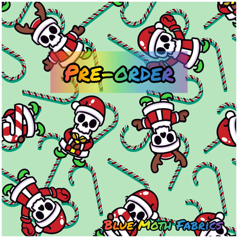 PRE-ORDER. Santa Skeleton green fabric. By METER - BlueMothFabrics