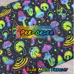 PRE-ORDER. Neon Rainbow Mushrooms fabric. By METER - BlueMothFabrics