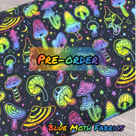 PRE-ORDER. Neon Rainbow Mushrooms fabric. By METER - BlueMothFabrics
