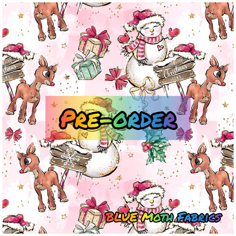 PRE-ORDER. Christmas Snow Lady Pink fabric. By METER - BlueMothFabrics