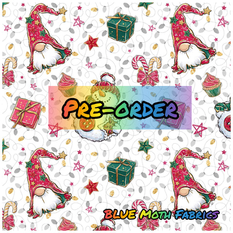 PRE-ORDER. White Christmas Gnomes fabric. By METER - BlueMothFabrics