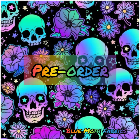 PRE-ORDER. Blue Floral Skulls Faux leather / vinyl fabric. 40x130cm