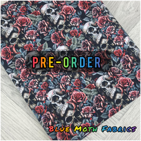 PRE-ORDER. Skulls and Roses fabric. By METER - BlueMothFabrics