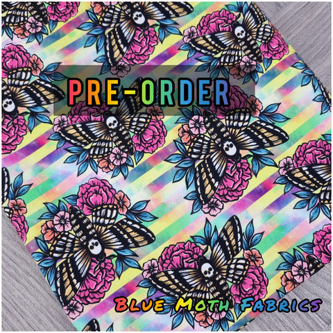 PRE-ORDER. Floral Death Moth Stripes fabric. By METER - BlueMothFabrics