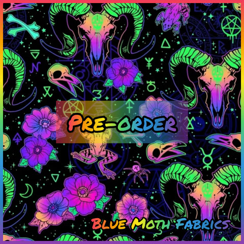 PRE-ORDER. Neon Occult Skulls Faux leather / vinyl fabric. 40x130cm