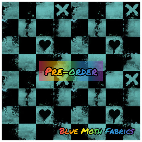 PRE-ORDER. Grunge Checkerboard Teal Faux leather / vinyl fabric. 40x130cm