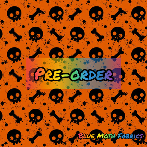 PRE-ORDER. Orange skulls and bones Faux leather / vinyl fabric. 40x130cm