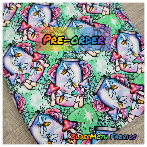 PRE-ORDER. Fireflies Mushrooms fabric. By METER - BlueMothFabrics